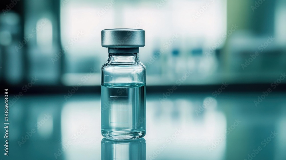 Close-up of a vial of liquid medicine sitting on a laboratory surface, highlighting the research and development process Close-up of a vial of liquid medicine sitting on a laboratory surface, highlighting the research and development process