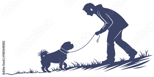 Silhouette illustration of person walking a dog on a leash with grass and a pet