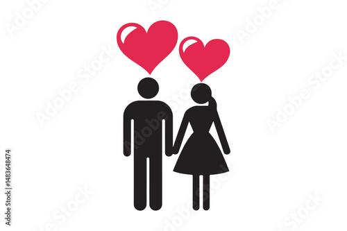 Romantic Couple Icon Holding Hands with Heart Symbols Love Illustration