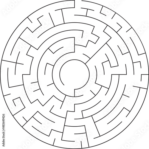Circular Maze Puzzle Complex Labyrinth, Paths, Solution, Challenge, Game, Design, Black, White, Line