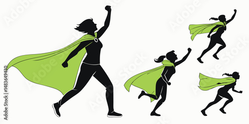 Superhero silhouette illustrations in various poses with green capes scalable vector graphic