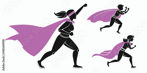 Superhero silhouette illustrations running and soaring depicting courage and empowerment with transparent background