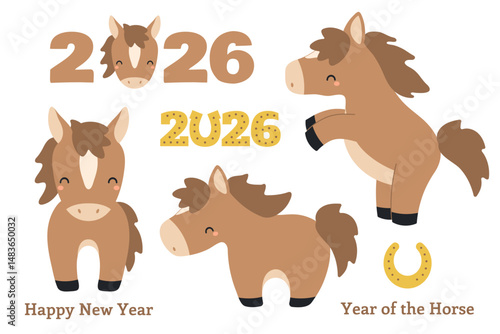 2026 Chinese Lunar New Year cute cartoon horse clip art collection, isolated. Flat style vector illustration. Zodiac sign, animal character. CNY, Seollal, Tet holiday card, banner design element