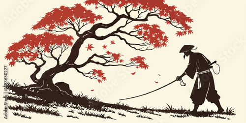 Samurai and Maple Tree: A lone samurai, silhouetted against a vibrant red maple tree, walks calmly along a path.