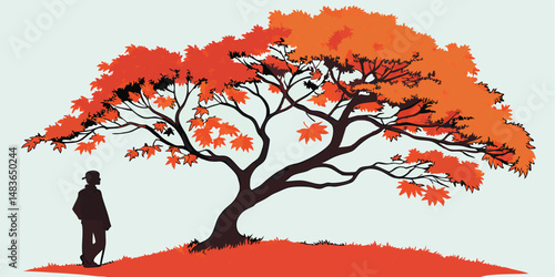 Silhouette of a tree with heart-shaped leaves in a seasonal park illustration