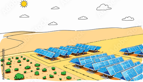 Illustration of solar panels installed on a farm under sunny skies in a desert landscape
