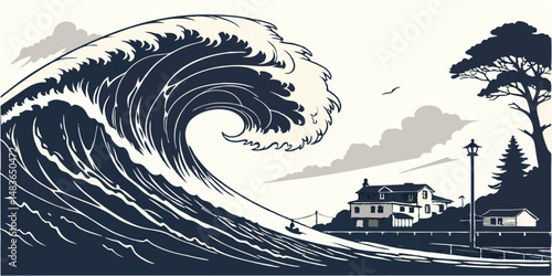 Tidal Wave Threat: A colossal wave crashes towards a small coastal town, dwarfing houses and trees. The imminent threat captures a sense of raw power and impending danger.