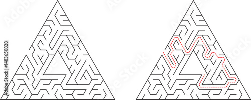 Triangular Maze Puzzle Solution Shown, Paths, Entrance, Exit, Challenge