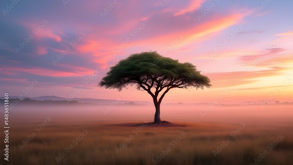 Naklejka premium Serene Sunrise Landscape with Single Tree in Misty Field Peaceful Dawn Sky Golden Hour Nature Photography Tranquil Scene Beautiful Scenery Breathtaking View Majestic Tree in Foggy Meadow Art Pink Calm