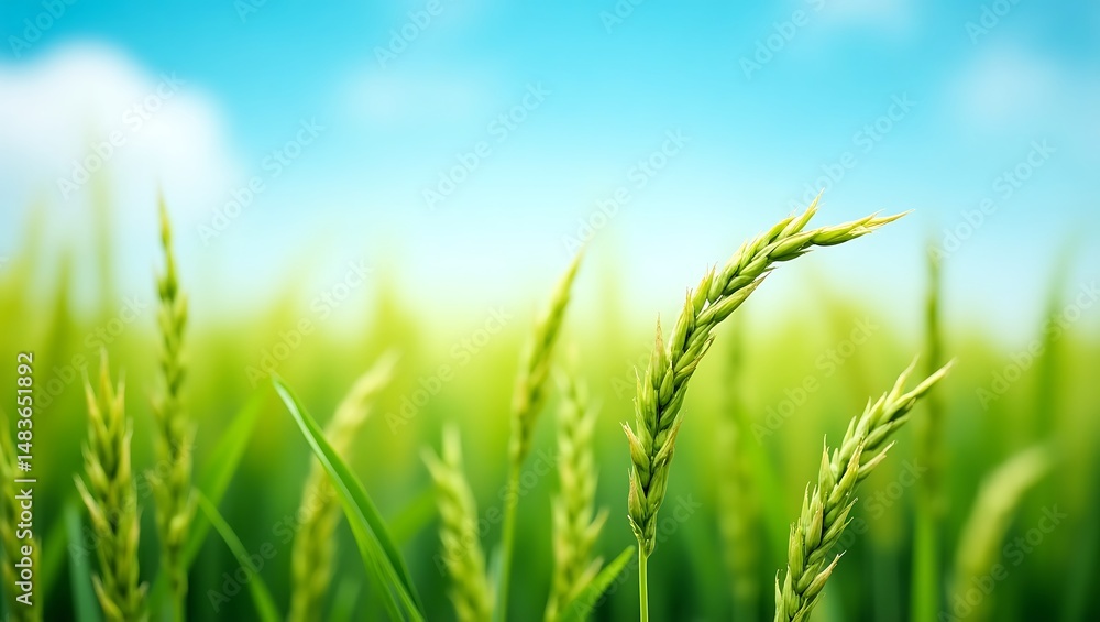 Obraz premium Green Rice Field Under Blue Sky. Generative Ai.
