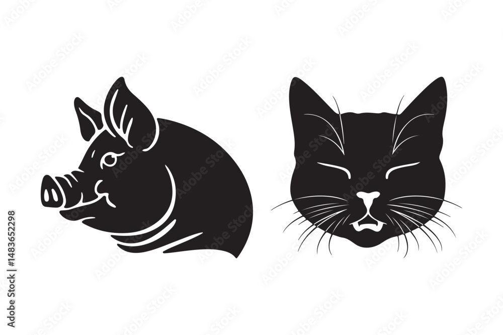 Fototapeta premium Pig and Cat Head Silhouettes Animal Vector Clipart Line Art Design