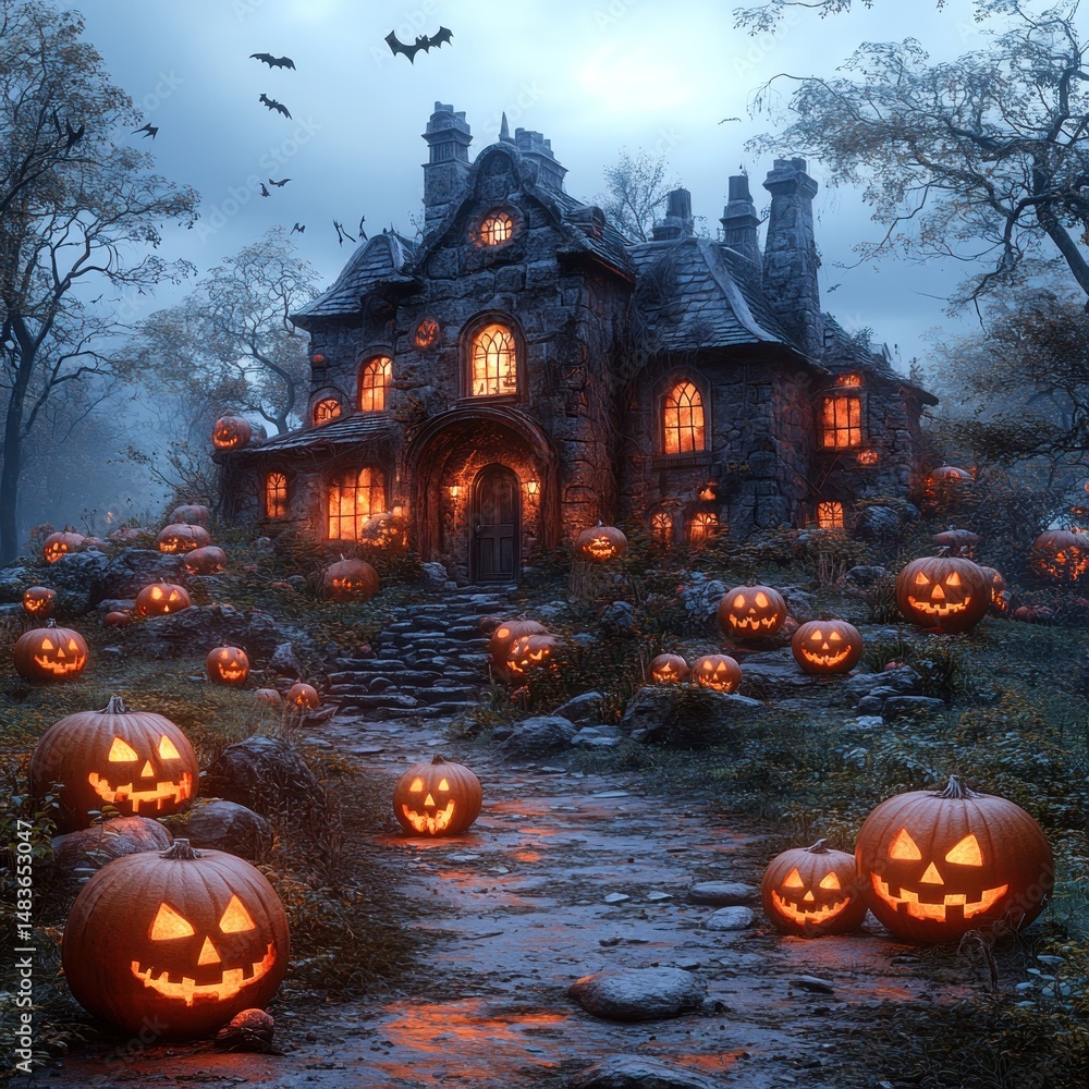 A spooky stone manor, illuminated from within, sits amidst a chilling autumn scene, surrounded by glowing jack-o'-lanterns leading to its entrance A spooky stone manor, illuminated from within, sits amidst a chilling autumn scene, surrounded by glowing jack-o'-lanterns leading to its entrance