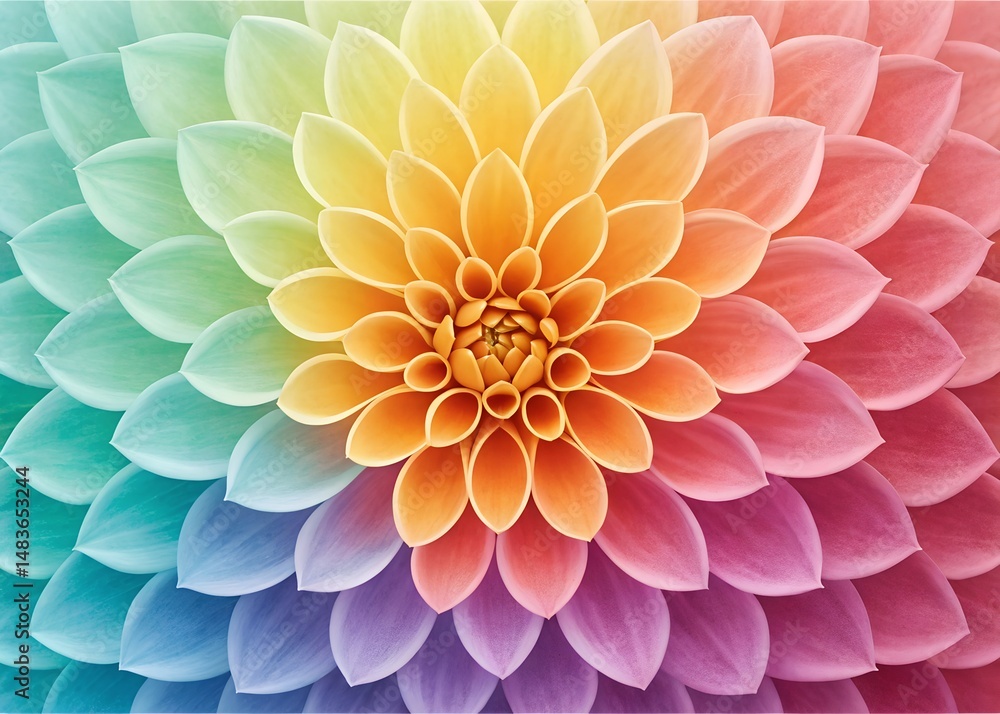 Close up of a beautiful colorful dahlia flower in a rainbow gradient arrangement Close up of a beautiful colorful dahlia flower in a rainbow gradient arrangement
