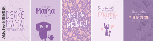 5 süße Karten mit Muttertags Wünschen (Postkartenformat); moderne Typo; Font & Grafiken komplett als Pfade