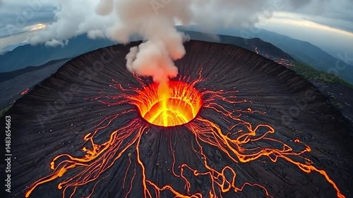 Dramatic aerial footage of active volcano eruption with flowing lava and smoke against mountain landscape