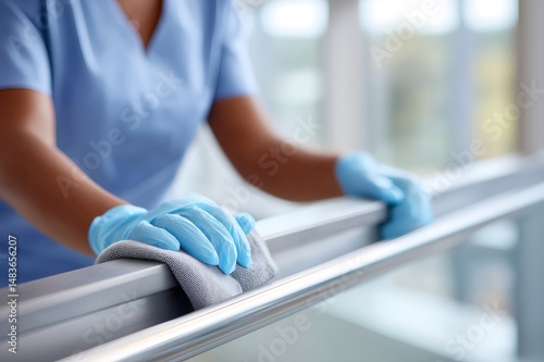 Worker disinfecting handrail using cloth and gloves, ensuring hygiene and preventing infections in healthcare setting