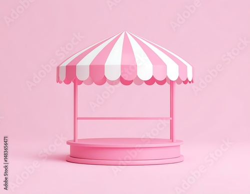 Pink Striped Canopy Market Stall, Minimalist 3D Render, Sweet Shop, Candy Cart, Fairground, Display 