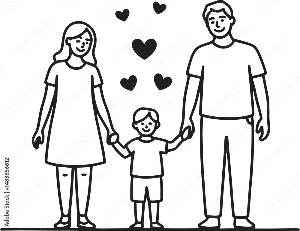 A black and white line drawing of a family holding hands with hearts above them in a simple style A black and white line drawing of a family holding hands with hearts above them in a simple style