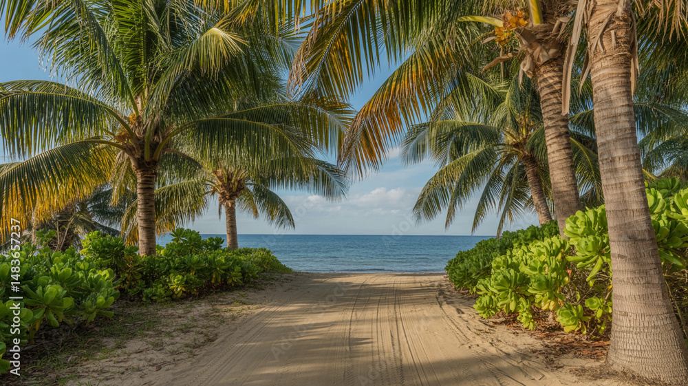 Obraz premium Sun-Drenched Tropical Pathway with Ocean Glimpse