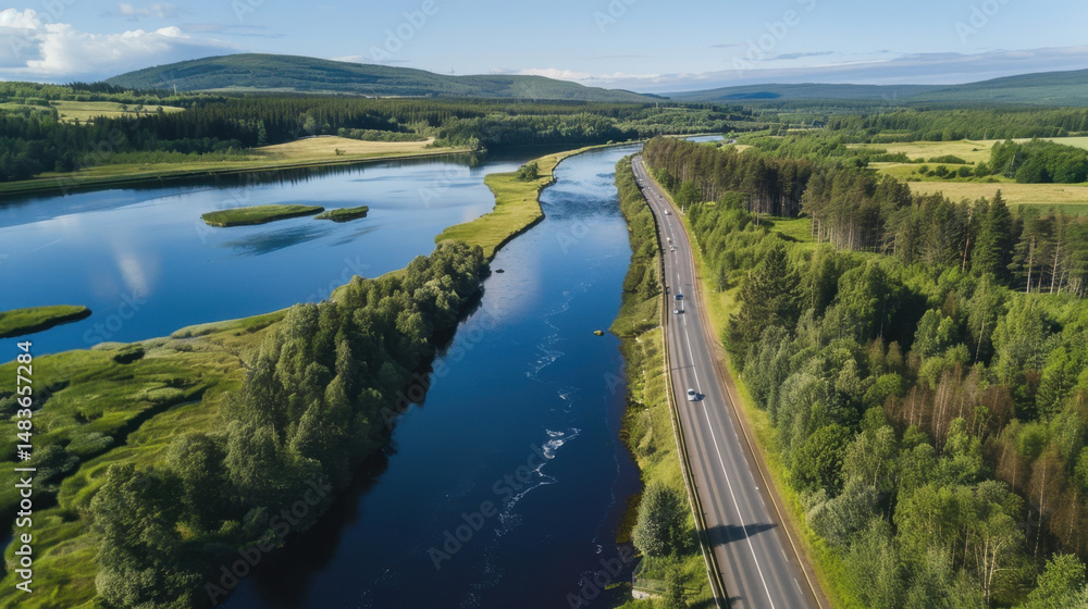 Obraz premium road near a river through a forest