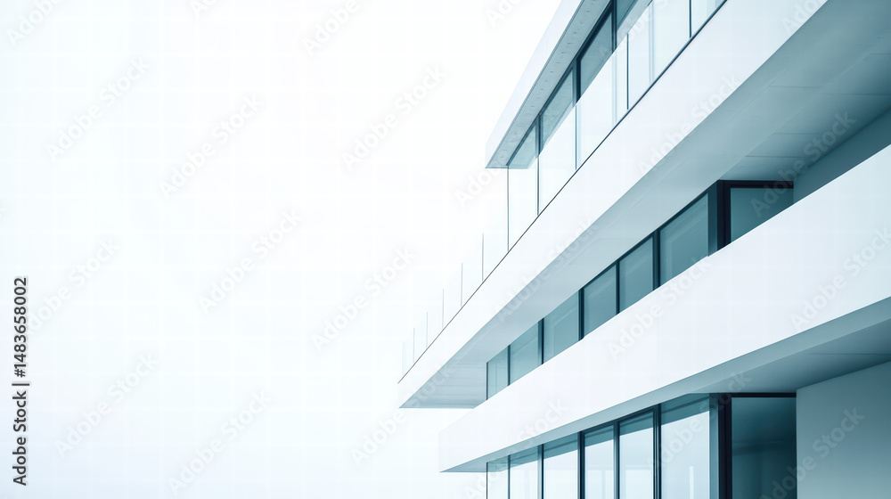 Fototapeta premium Architectural Minimalism: An elegant modern building features clean lines, expansive windows, and a sleek facade. The composition evokes a sense of openness and light.