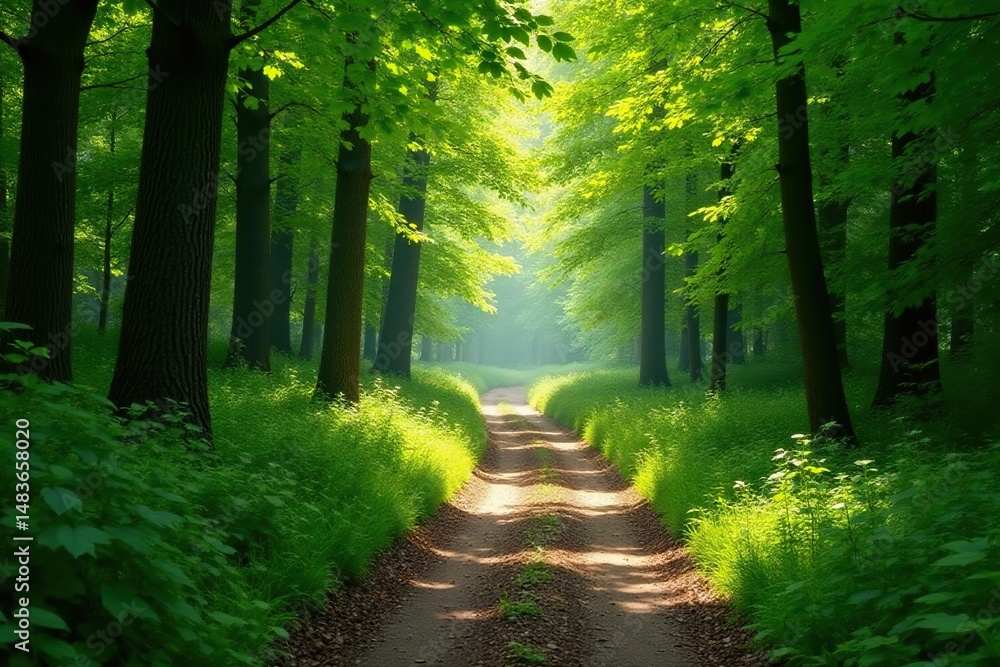 Fototapeta premium Sun-dappled path winding through a lush green forest, leaves overhead creating a canopy , outdoor, light, forest