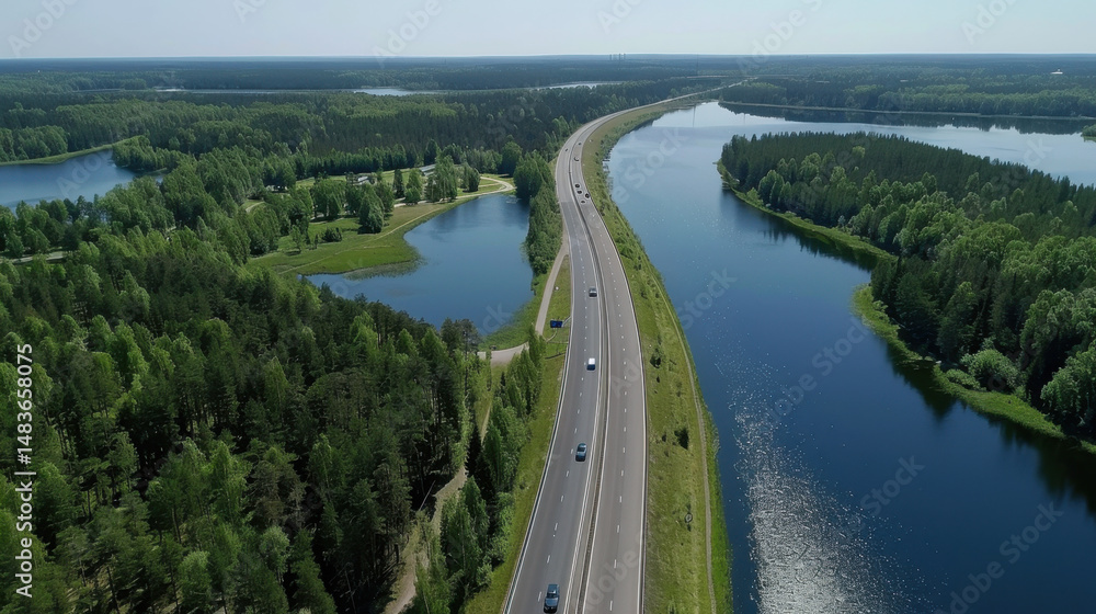road near a river through a forest road near a river through a forest