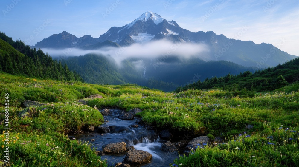 Obraz premium A stunning mountain towers in the background, surrounded by mist and vibrant green meadows. A gentle stream winds through the foreground, reflecting the tranquil beauty of nature