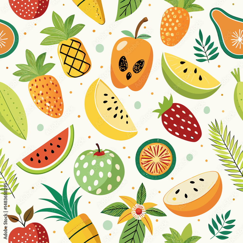 Colorful fruit pattern with sliced fruits, whole fruits, and tropical leaves Colorful fruit pattern with sliced fruits, whole fruits, and tropical leaves