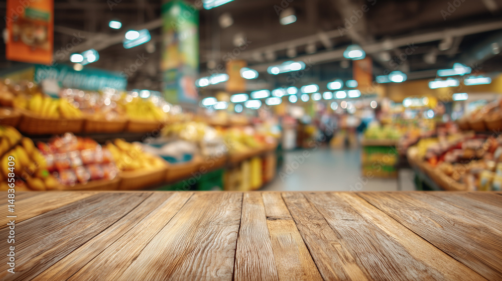 Fototapeta premium Wooden Tabletop with Supermarket Background