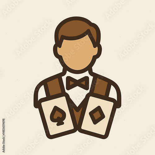 Male casino croupier avatar with bow tie and playing cards icon in flat style