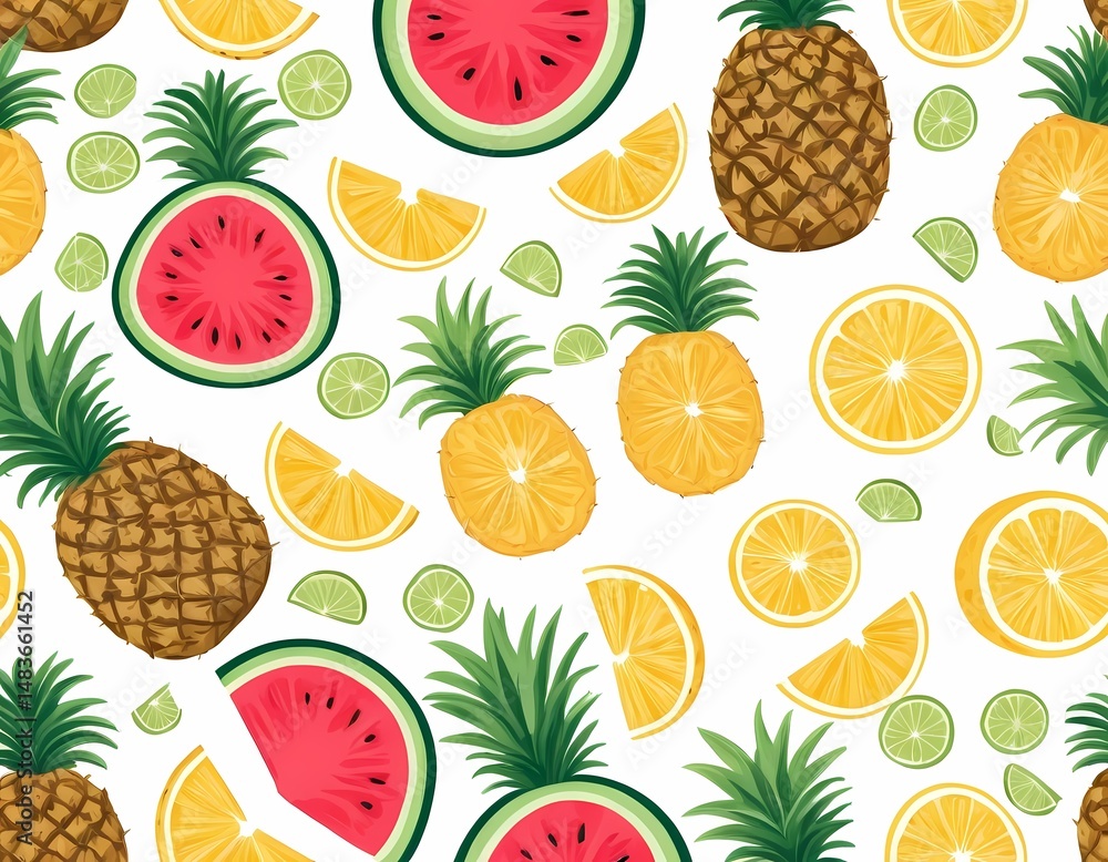 Seamless tropical fruit pattern in hand-drawn style on white background. perfect for packaging and textiles. Seamless tropical fruit pattern in hand-drawn style on white background. perfect for packaging and textiles.