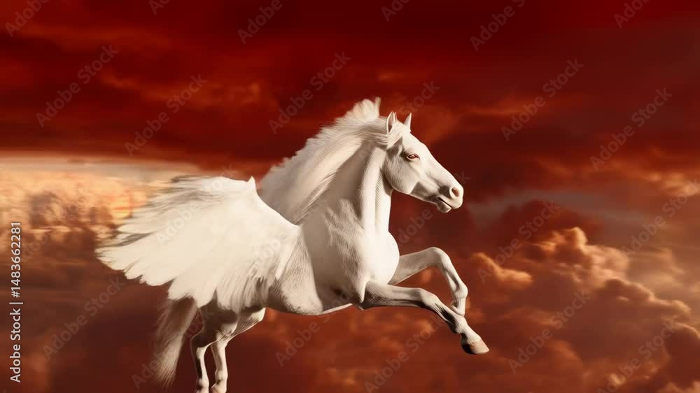 Majestic white pegasus soars through an expressive sky, its wings spread wide, bathed in a warm, ethereal glow amid swirling clouds. Majestic white pegasus soars through an expressive sky, its wings spread wide, bathed in a warm, ethereal glow amid swirling clouds.