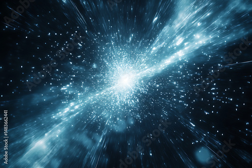 Fototapeta Naklejka Na Ścianę i Meble -  A cosmic explosion of blue light radiating outwards in a dark space environment with particles flying