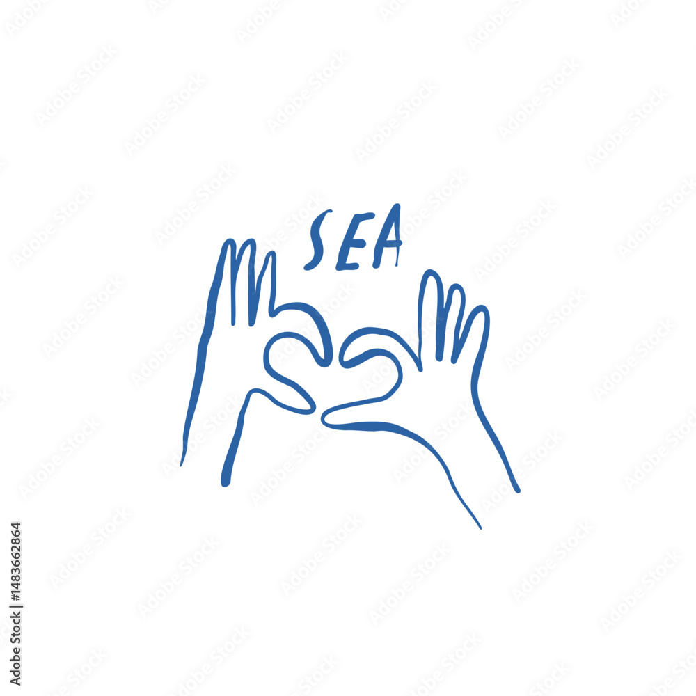 Obraz premium Romantic sea illustration with hand drawn heart gesture and standalone lettering on white background. Vector illustration.