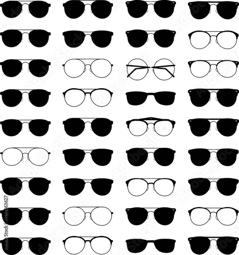 Stylish sunglasses collection various designs black and white eyewear vector illustration background