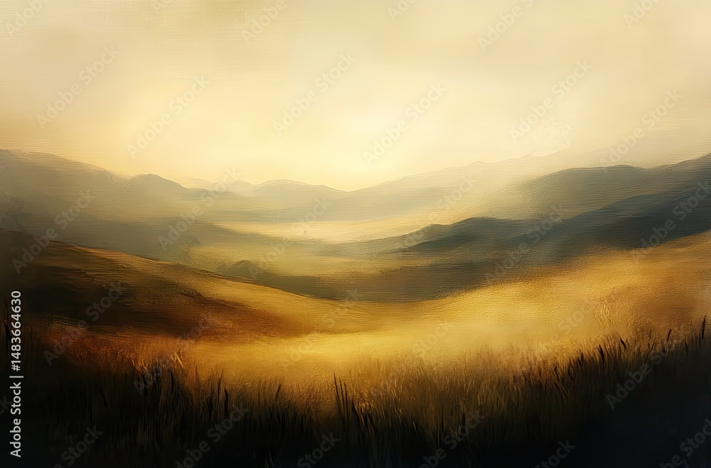 Golden hillscape shrouded in misty valley. Golden hillscape shrouded in misty valley.