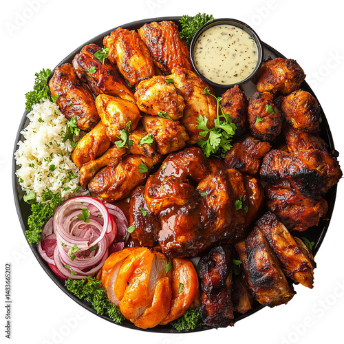 north american chicken food platter top view on white background
