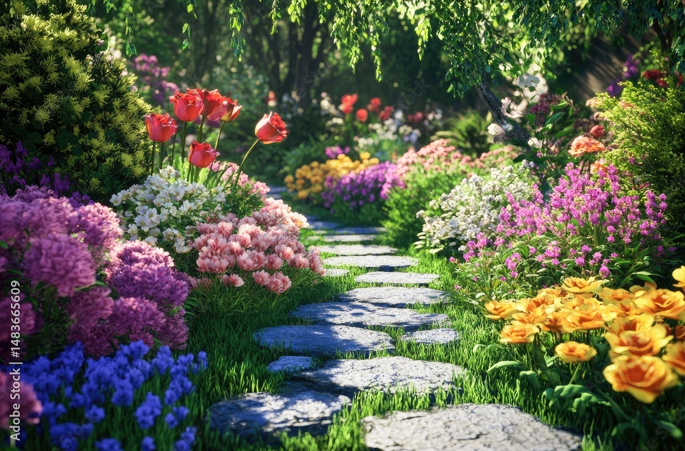 A vibrant garden path lined with colorful flowers. A vibrant garden path lined with colorful flowers.