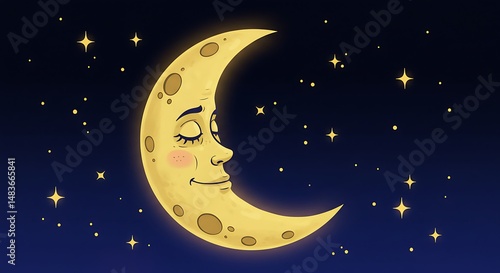 Smiling Moon and Stars Cartoon Illustration
