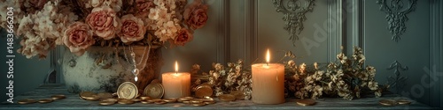Bust with jewelry and roses on candlelit altar with scattered coins photo