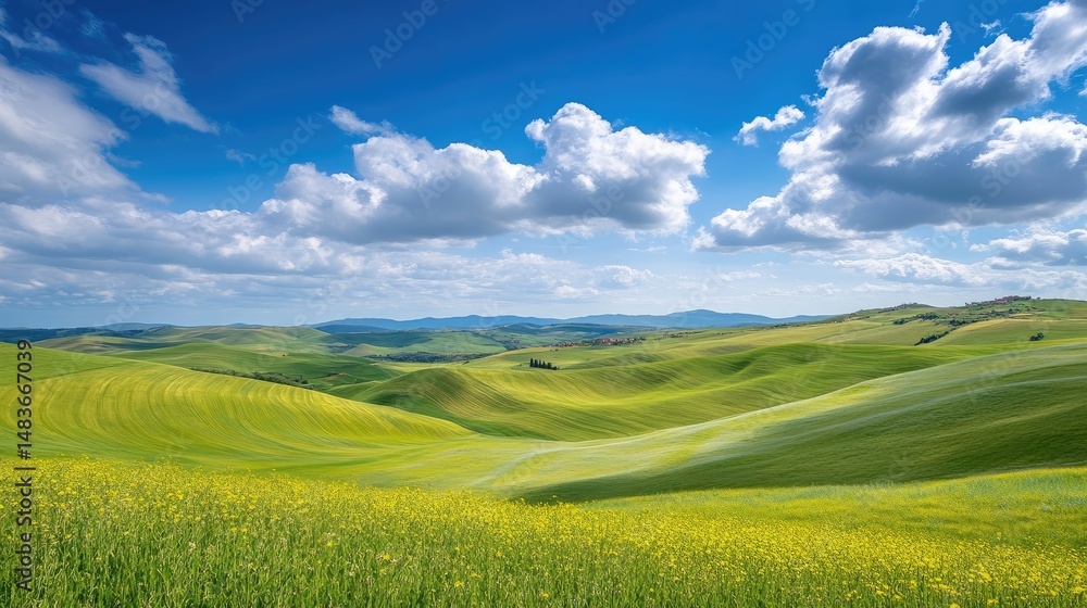 Fototapeta premium Vast open landscape of smooth rolling green hills under bright daylight, scattered white clouds drift across vibrant blue sky, no visible buildings or objects. Generative by AI