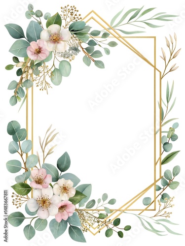 Eucalyptus watercolor  half of floral frame background vector with a golden border on a white background, Eucalyptus watercolor decoration for a wedding invitation and card design template