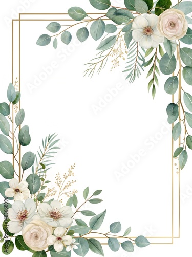 Eucalyptus watercolor  half of floral frame background vector with a golden border on a white background, Eucalyptus watercolor decoration for a wedding invitation and card design template