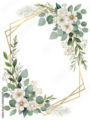 Eucalyptus watercolor  half of floral frame background vector with a golden border on a white background, Eucalyptus watercolor decoration for a wedding invitation and card design template