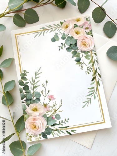 Eucalyptus watercolor  half of floral frame background vector with a golden border on a white background, Eucalyptus watercolor decoration for a wedding invitation and card design template