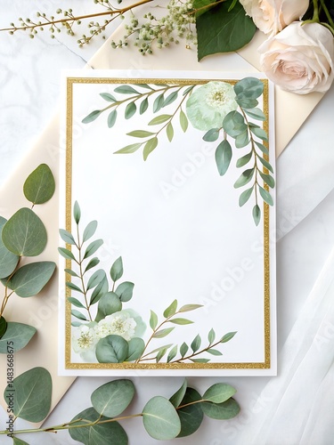 Eucalyptus watercolor  half of floral frame background vector with a golden border on a white background, Eucalyptus watercolor decoration for a wedding invitation and card design template
