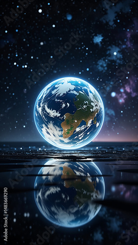 Fototapeta Naklejka Na Ścianę i Meble -  Illuminated planet earth with reflection in a cosmic landscape of stars and nebulae