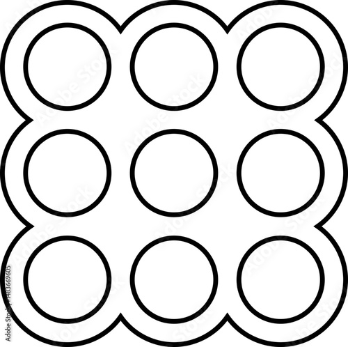 Compact square structure filled with evenly distributed circle outlines forming a geometric grid.