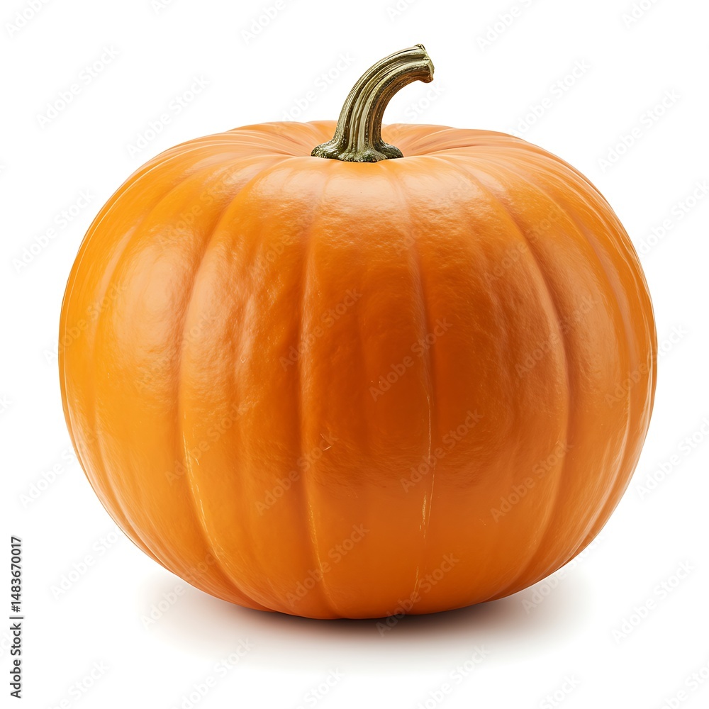 Obraz premium A single orange pumpkin with a green stem sits isolated on a white background